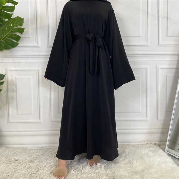 Plan Abaya with Belt and Large Sleeve Dark Black Color with Dupatta in Firdous Material