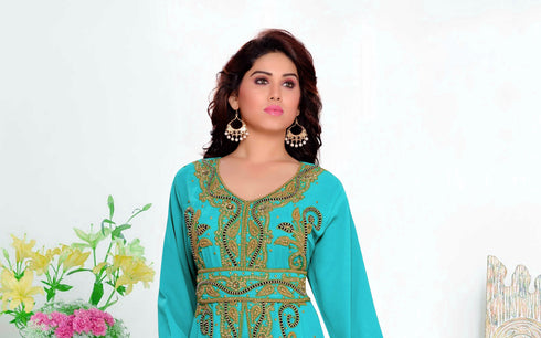 Cyan color luxurious Full Sleeves Handmade Moroccan Kaftan with hijjab