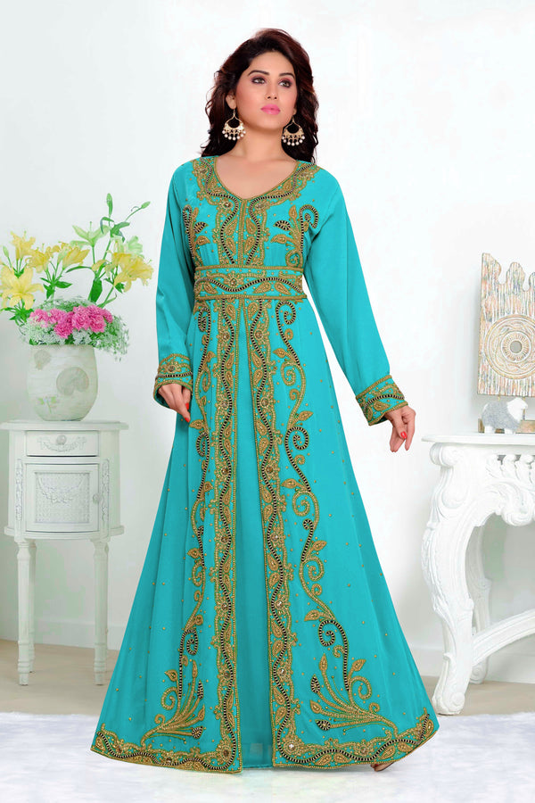Cyan color luxurious Full Sleeves Handmade Moroccan Kaftan with hijjab