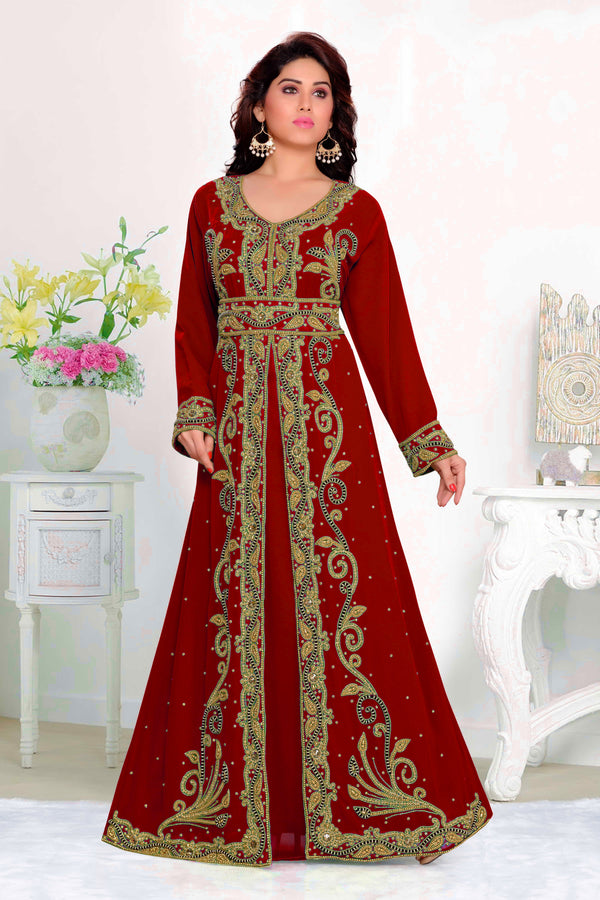 Maroon color luxurious Full Sleeves Handmade Moroccan Kaftan with hijjab