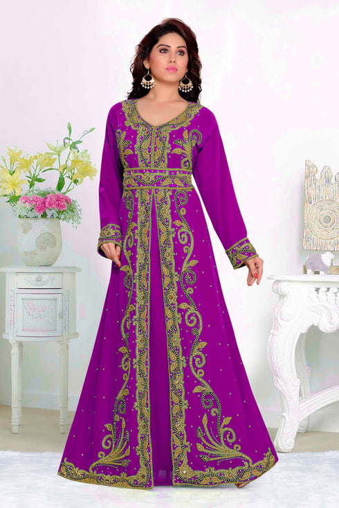 Purple color luxurious Full Sleeves Handmade Moroccan Kaftan with hijjab