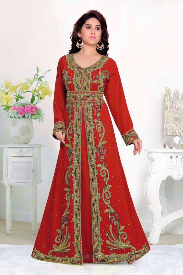 Red color luxurious Full Sleeves Handmade Moroccan Kaftan with hijjab
