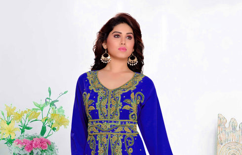 Royal-Blue color luxurious Full Sleeves Handmade Moroccan Kaftan with hijjab
