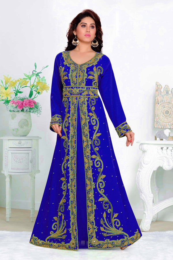 Royal-Blue color luxurious Full Sleeves Handmade Moroccan Kaftan with hijjab