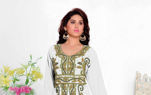 Off-White color luxurious Full Sleeves Handmade Moroccan Kaftan with hijjab