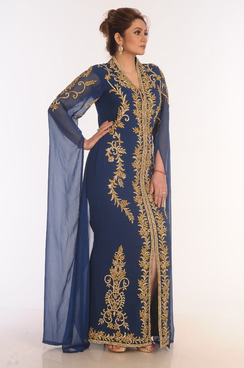 Blue Kaftan Dubai Moroccan Farasha Abaya Maxi Modern Fancy Floor Length Dress