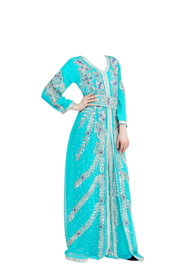 Turquoise georgette islamic kaftan with zari and stone work