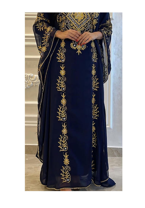 Navy Blue Georgette Aari Work Wedding Kaftan