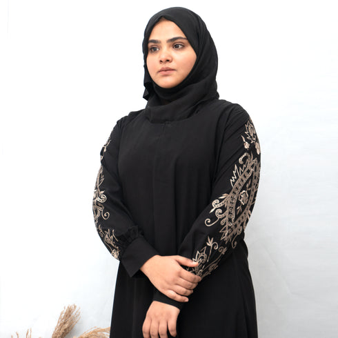 Full Sleeves Beige Embroidery Abaya in Black Color With Hijab
