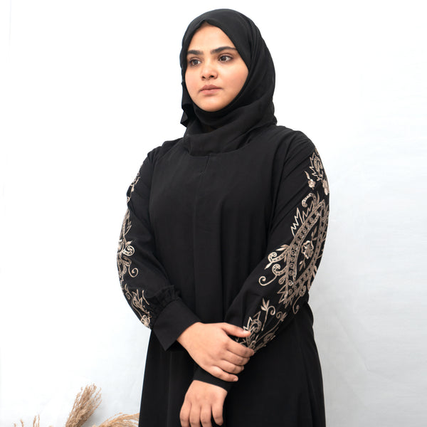 Full Sleeves Beige Embroidery Abaya in Black Color With Hijab