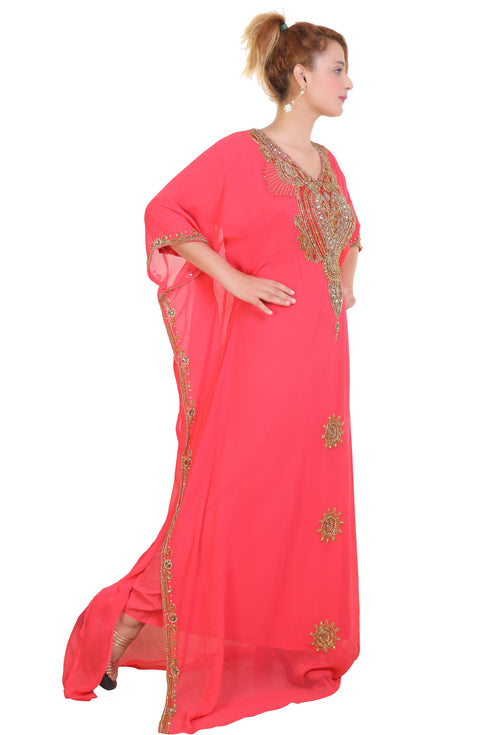 Peach Zari Stone Work Georgette Islamic Style Beads Embedded Partywear Kaftan Long Gown Evening wear Dubai kaftan