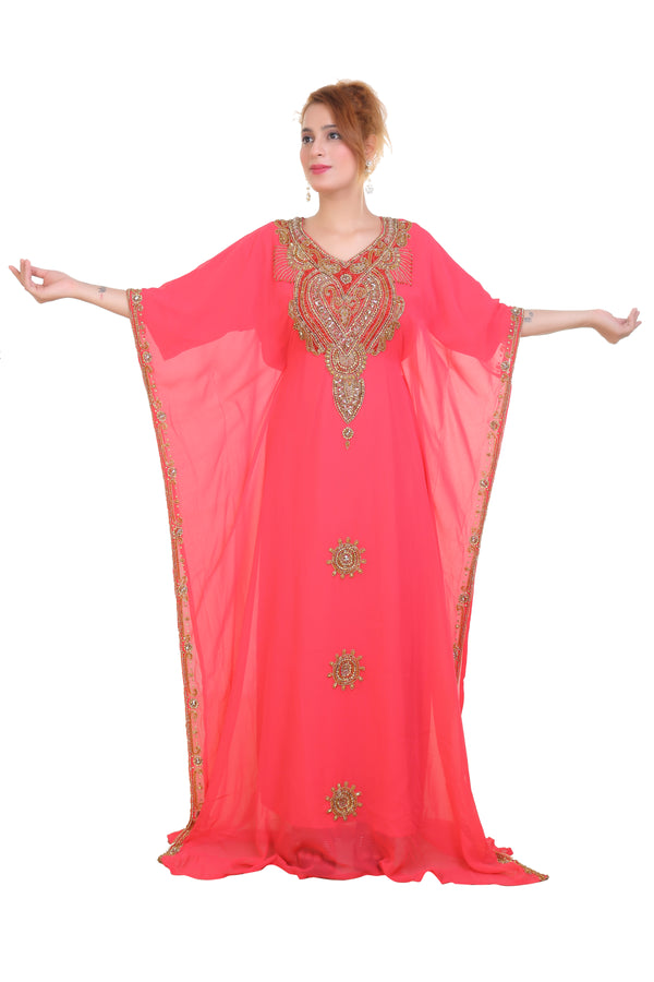 Peach Zari Stone Work Georgette Islamic Style Beads Embedded Partywear Kaftan Long Gown Evening wear Dubai kaftan