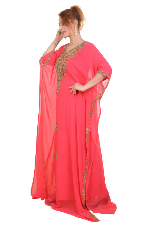 Peach Zari Stone Work Georgette Islamic Style Beads Embedded Partywear Kaftan Long Gown Evening wear Dubai kaftan