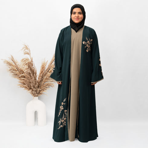 Shrug Embroidery Abaya in Green Color With Hijab