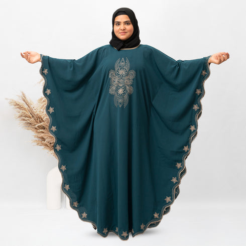 Round Border Embroidery Kaftan Abaya in Ramagreen Color With Hijab