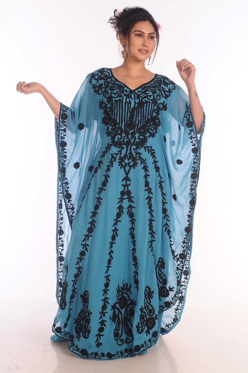 Ethnic Maxi Abaya Moroccan Islamic Phirozy Kaftan Beach Fancy Modern Floor Length Bell Sleeve For Women Dress
