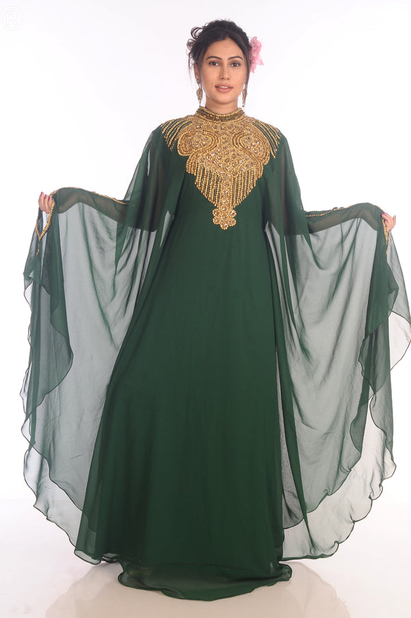 Ethnic Maxi Abaya Moroccan Islamic Bottle Green Kaftan Beach Fancy Modern Floor Length Bell Sleeve For Women Dress