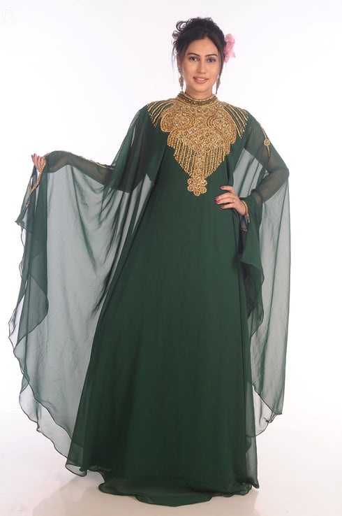 Ethnic Maxi Abaya Moroccan Islamic Bottle Green Kaftan Beach Fancy Modern Floor Length Bell Sleeve For Women Dress