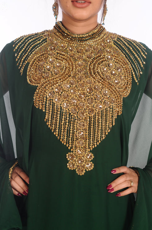 Ethnic Maxi Abaya Moroccan Islamic Bottle Green Kaftan Beach Fancy Modern Floor Length Bell Sleeve For Women Dress