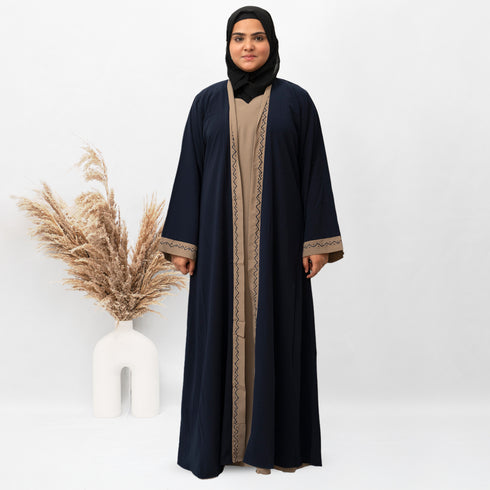 U-Shape Shrug Embroidery Abaya in Blue Color With Hijab
