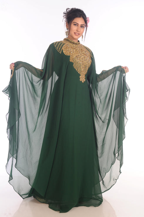 Ethnic Maxi Abaya Moroccan Islamic Bottle Green Kaftan Beach Fancy Modern Floor Length Bell Sleeve For Women Dress