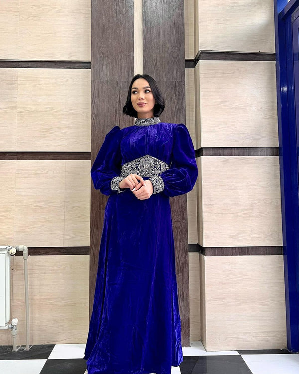 Blue VELVET Zari Stone Work Georgette Islamic Style Beads Embedded Partywear Kaftan Long Gown Evening wear Dubai kaftan