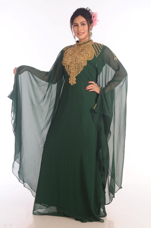 Ethnic Maxi Abaya Moroccan Islamic Bottle Green Kaftan Beach Fancy Modern Floor Length Bell Sleeve For Women Dress