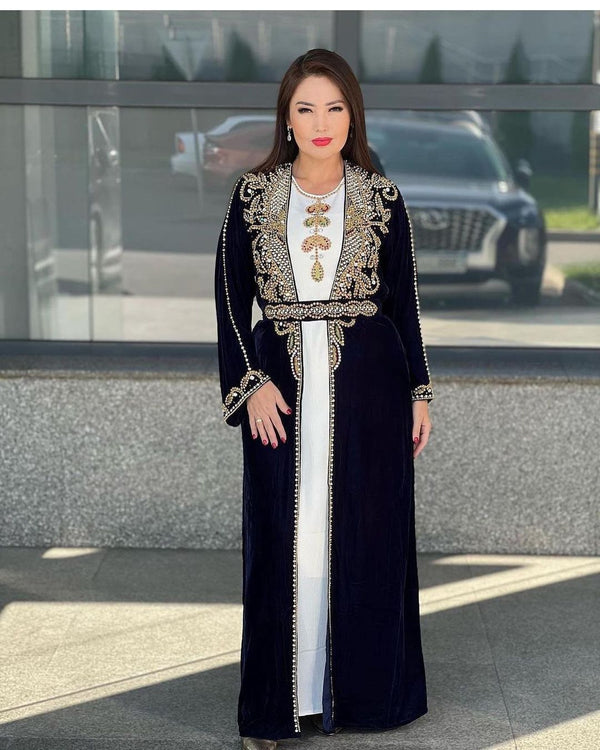 Dual color Zari Stone Work Georgette Islamic Style Beads Embedded Partywear Kaftan Long Gown Evening wear Dubai kaftan