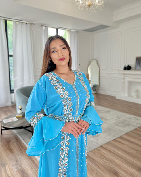 Firozi Color Handcrafted Zari work Stitched Georgette Kaftan Party Dress