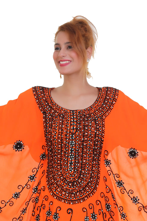Orange Aarii Stone Work Georgette Islamic Style Beads Embedded Partywear Kaftan Long Gown Evening wear Dubai kaftan