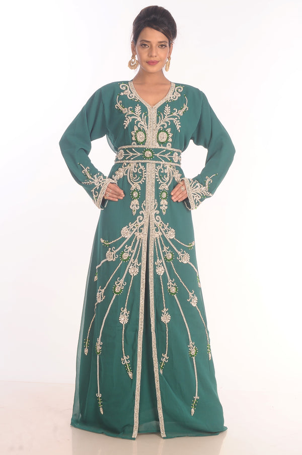 Sea Green Dubai Moroccan Kaftan Farasha Abaya Maxi Modern Fancy Floor Length Dress