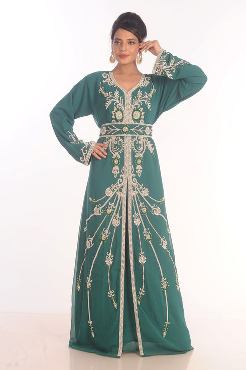 Sea Green Dubai Moroccan Kaftan Farasha Abaya Maxi Modern Fancy Floor Length Dress