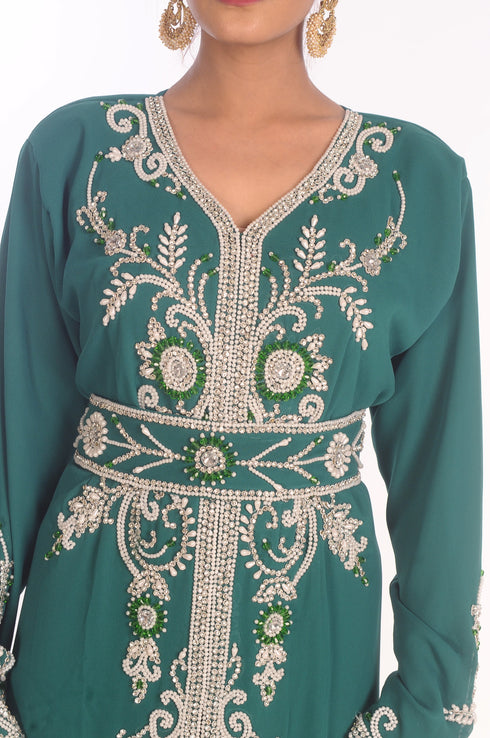 Sea Green Dubai Moroccan Kaftan Farasha Abaya Maxi Modern Fancy Floor Length Dress