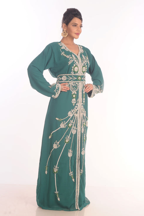 Sea Green Dubai Moroccan Kaftan Farasha Abaya Maxi Modern Fancy Floor Length Dress