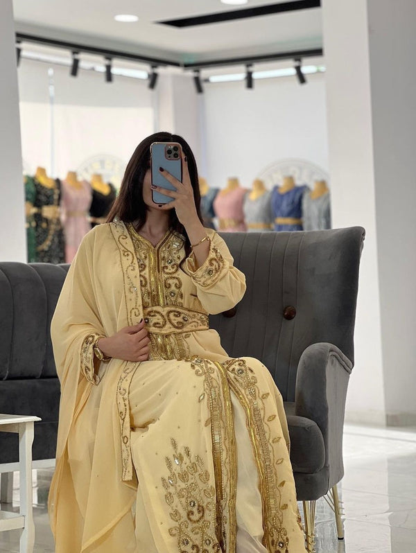 Pastel Yellow Hand-Embroidered Georgette Kaftan with Sequin & Bead Work