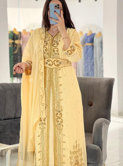 Pastel Yellow Hand-Embroidered Georgette Kaftan with Sequin & Bead Work