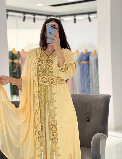 Pastel Yellow Hand-Embroidered Georgette Kaftan with Sequin & Bead Work