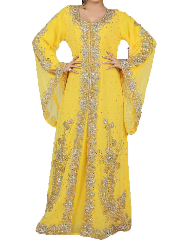 Grand Canary Yellow Moroccan Kaftan Gown with Silver Zari & Stone Work | Luxury Event Dress