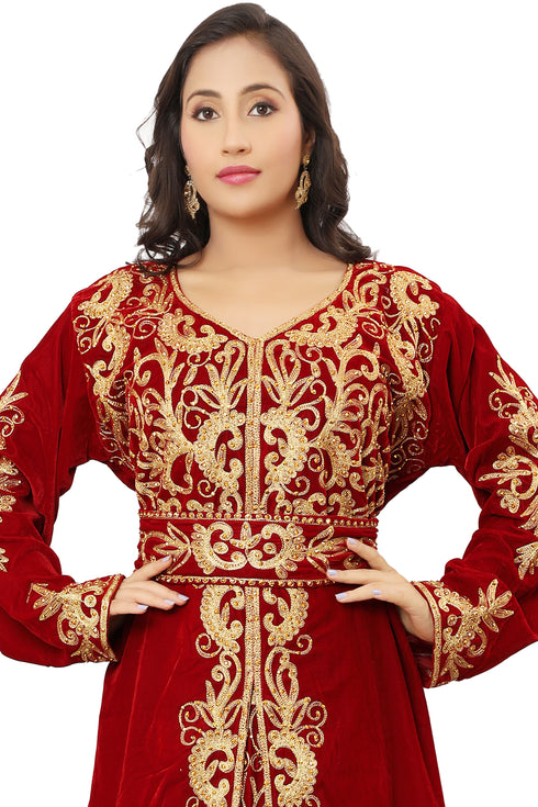 Royal Velvet Moroccan Dubai Kaftan Ari Embroidery Work Party Wear Wedding Women Dress