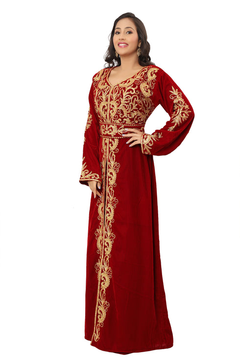 Royal Velvet Moroccan Dubai Kaftan Ari Embroidery Work Party Wear Wedding Women Dress
