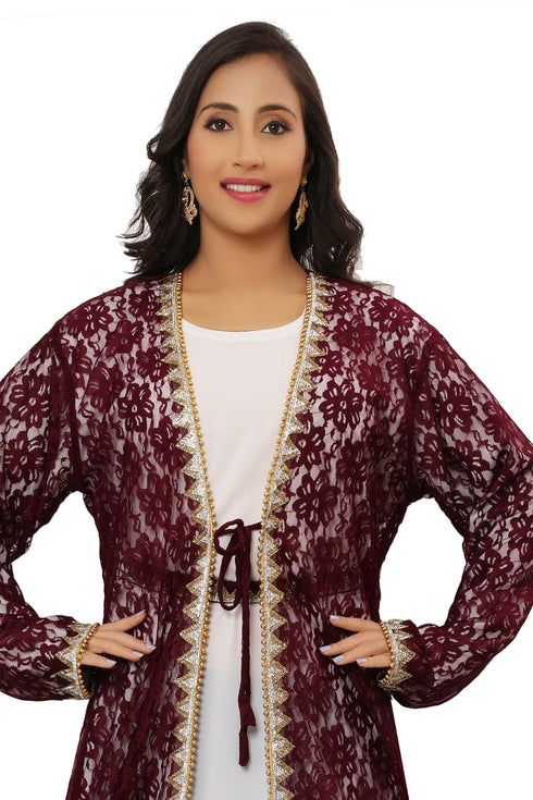 SALE Maroon Net Designer Fashion Kaftan Wedding Dress Islamic Wear Clothing Abaya Very Long Gown