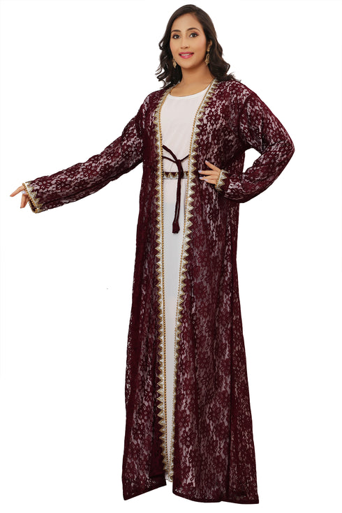 SALE Maroon Net Designer Fashion Kaftan Wedding Dress Islamic Wear Clothing Abaya Very Long Gown