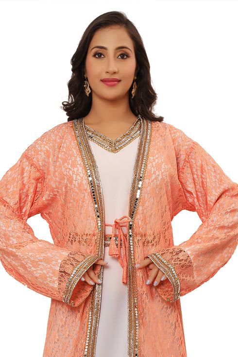 Peach and White Net Sequins Work Kaftan