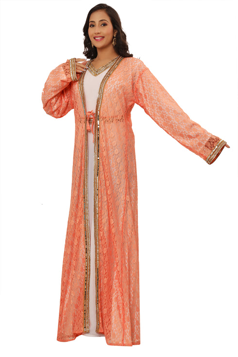 Peach and White Net Sequins Work Kaftan