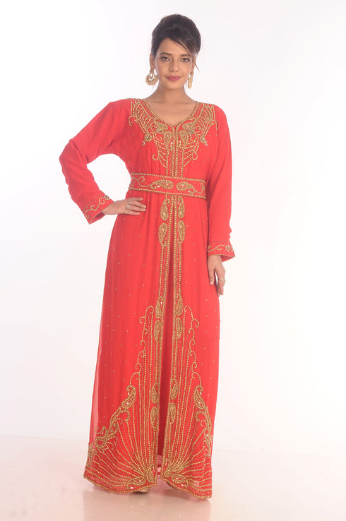 Red Dubai Moroccan Kaftan Farasha Abaya Maxi Modern Fancy Floor Length Dress