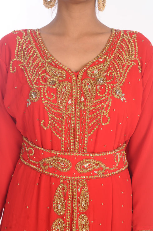 Red Dubai Moroccan Kaftan Farasha Abaya Maxi Modern Fancy Floor Length Dress