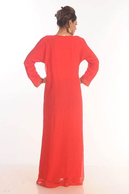 Red Dubai Moroccan Kaftan Farasha Abaya Maxi Modern Fancy Floor Length Dress