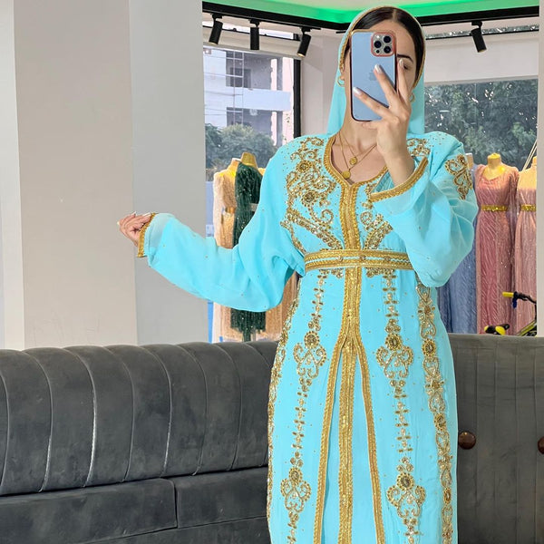 SKY BLUE Zari Stone Work Georgette Islamic Style Beads Embedded Partywear Kaftan Long Gown Evening wear Dubai kaftan