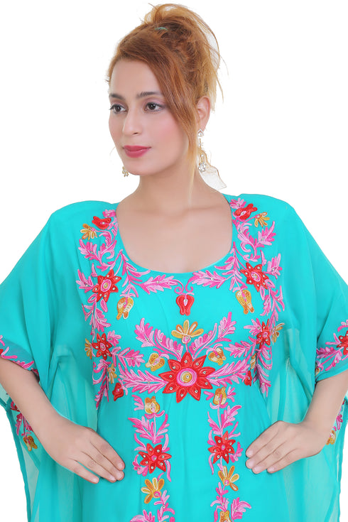 Sea Green Aari Stone Work Georgette Islamic Style Beads Embedded Partywear Kaftan Long Gown Evening wear Dubai kaftan