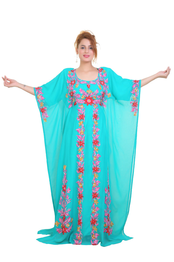Sea Green Aari Stone Work Georgette Islamic Style Beads Embedded Partywear Kaftan Long Gown Evening wear Dubai kaftan